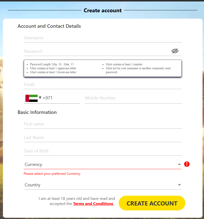 Dafabet casino sign-up window